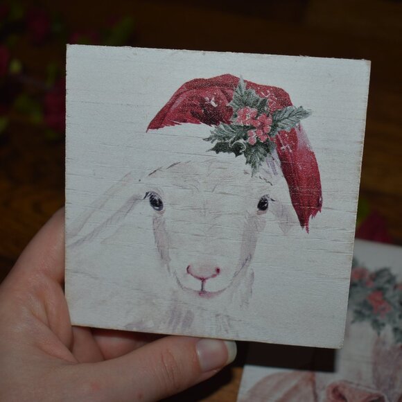 4pc Farmhouse Christmas Winter Holiday Barn Animals Wood Drink Coaster Set - Picture 7 of 10